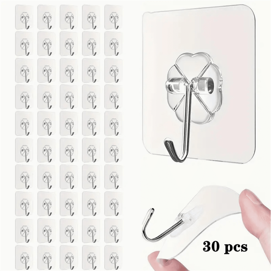 30/10pcs Adhesive Hooks Kitchen Wall Hooks, Nail Free Sticky Hangers With Stainless Hooks, Heavy Duty Hooks For Hanging Towel Clothing Cup Hook, Bathroom Accessories Self-Adhesive For Bathroom, Bedroom, Office, Kitchen Storage Organizer,Sleek Design, Durable Plastic - Perfect Gift For Christmas, Halloween, Valentine's Day
