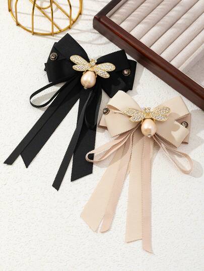 1 pezzo Spilla in lega con strass a forma di ape e fiocco, accessorio di gioielleria di lusso con perle, adatto per uso quotidiano e come regalo per feste