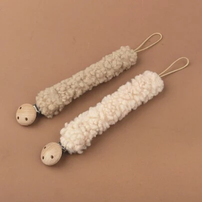 1 st Babytäcke Napp Anti-Lost Clip, mjuk plysch & bokträ 3-håls napphållare, praktisk vinternappklämma