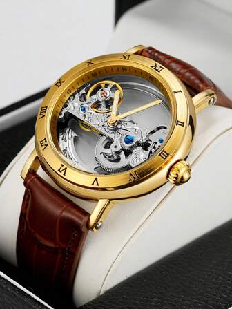 FORSINING 1 pieza Reloj mecánico automático clásico vintage para hombres con bisel dorado transparente y hueco, numeración romana, movimiento intrincadamente grabado, correa marrón de marca superior, reloj casual de negocios, reloj de moda, regalo de cumpleaños/festivo