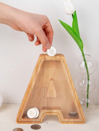 1pc New Wooden English Letter Piggy Bank, Creative Cartoon Acrylic Transparent Cover Coin Saving Box, Home Decor Best Gifts Birthday Graduation