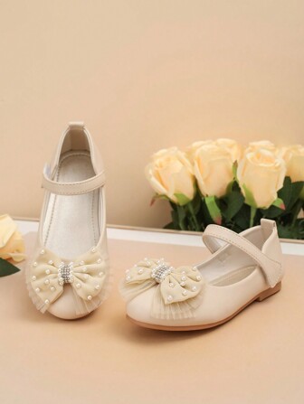 1 Pair Girls' Fashion Elegant Bow High Heels, Lightweight Anti-Slip Soft Sole Dress Shoes, Suitable For Performance Party In Spring/Autumn