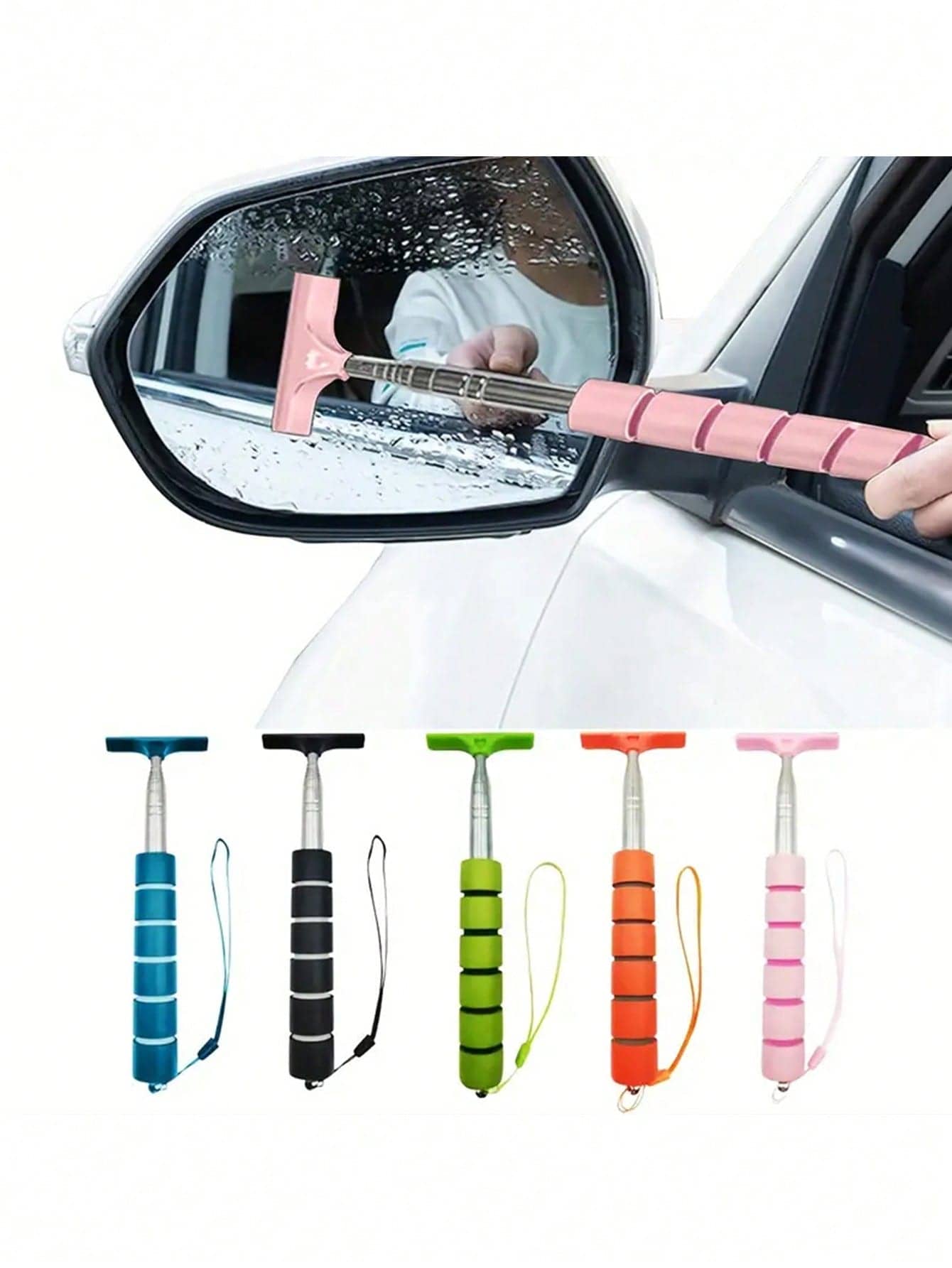 便携式迷你伸缩汽车后视镜雨刷 - 不锈钢，带伸缩手柄的便携式汽车玻璃清洁工具，旅行必备，特别适合下雨天 - 彩色 - 查看 1