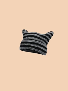 1pc Striped Cute Pattern Cat Ear Shaped Knitted Hat, Warm Comfortable Soft, Y2K Style, Black & Gray, Suitable For School Wear Animal Ears - Knitted Striped Hat - View 7
