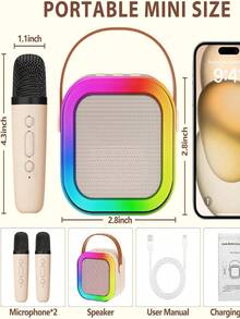 Mini Karaoke Speaker With 2 Microphones Wireless Bluetooth Rechargeable Portable Speaker With Led - Beige - View 7
