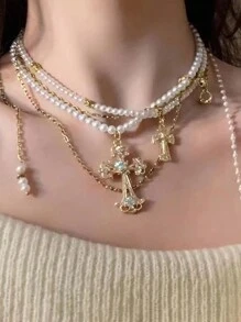 1pc Layered Faux Pearl Elegant Metal Multi-Color Cross Beaded Hollow Tassel Necklace For Women, Fashion Accessory For Daily, Party And Gift - Multicolor - View 2