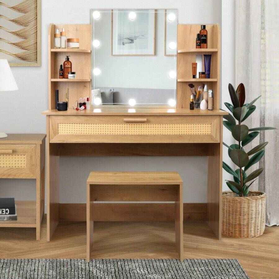 Vanity Desk Set Stool & Dressing Table With LED Lighting Mirror Drawer