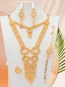 5pcs/Set Geometric Figure Number 8 Design Necklace Chain, Bib Necklace, Multi-Layer Necklace, 18K Gold Plated Copper Material, Thick And Heavy, Arabic/ Golden Color, Fashion French Romantic Luxury Dubai Style Bridal Wedding Party Gift For Couple, Mother, Sister, Festival Blessing, Women Jewelry Set