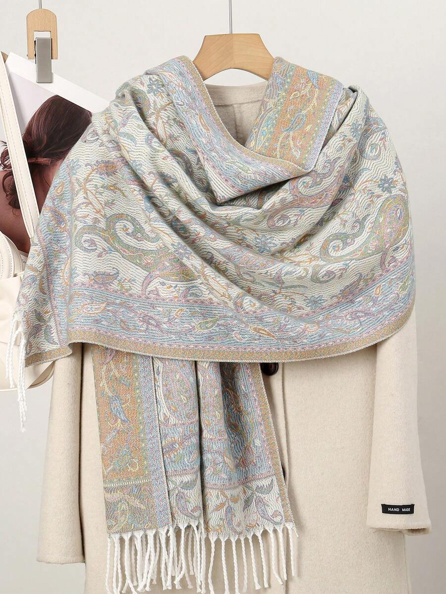 1 szt. Gruby damski szalik żakardowy Paisley, ciepły hidżab Pashmina w stylu boho, jesienno-zimowy modny szal, odpowiedni do codziennego noszenia opaska na głowę do abai damskiej welon - Niebieski i biały - Zobacz 1