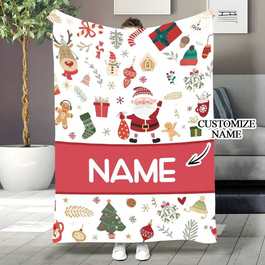 بطانية فلانيل مخصصة بشكل شجرة عيد الميلاد مع صورة الأيل والسانتا، بطانية أريكة مخصصة باسمك، بطانية دافئة ومريحة لتخليد اللحظات، هدية للزملاء والأصدقاء والأزواج والأم والأب، تستخدم للنوم والتخييم والسفر - متعدد الألوان - مشاهدة 1