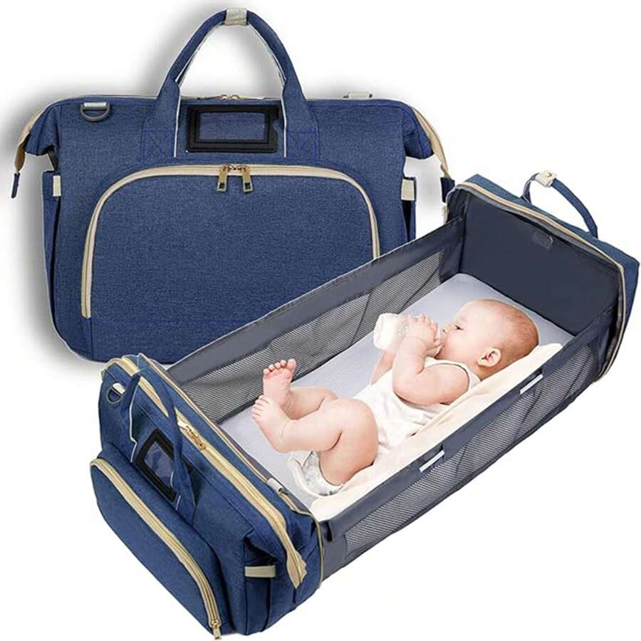 FELIN Portable Multifunctional Diaper Backpack, Large Capacity Waterproof Diaper Bag, Convertible Into Crib, Large Capacity Multifunctional, Multiple Compartments With Multiple Divisions - Blue - View 1