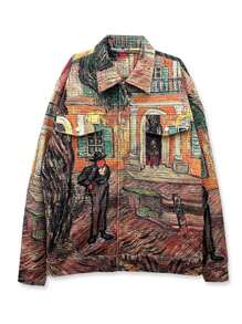 Men Corduroy Fabric Casual Jacket, Loose Fit Warm Printed Outerwear, Fall/Winter