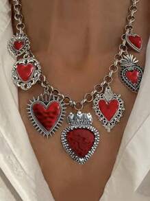 1pc Chunky Jewelry Vintage Gothic Heart Shape Multi-Pendant Halloween Necklace With Heart Lockets, Antique Silver And Gold, Red Hearts, Thick Chain For Women, Suitable For Halloween Party Valentines,Mom,Mother,Mother's Day,Gift