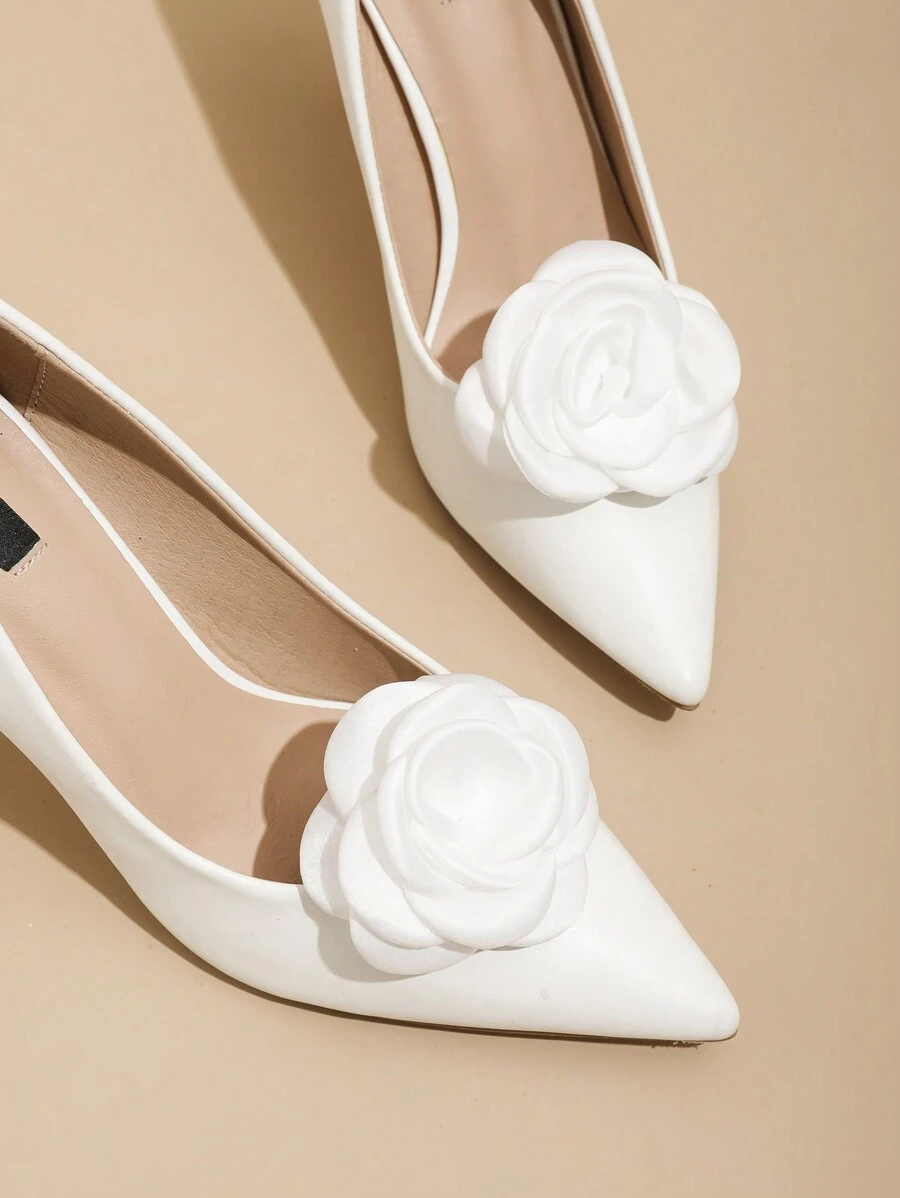 1 对（2 件）可拆卸 DIY 聚酯纤维玫瑰花装饰夹式鞋配件，时尚优雅鞋夹，颜色有黑色、白色、紫色、米色、粉色、黄色、酒红色、绿色，适用于高跟鞋、浅口鞋、办公室/商务、约会 - 白色 - 查看 1