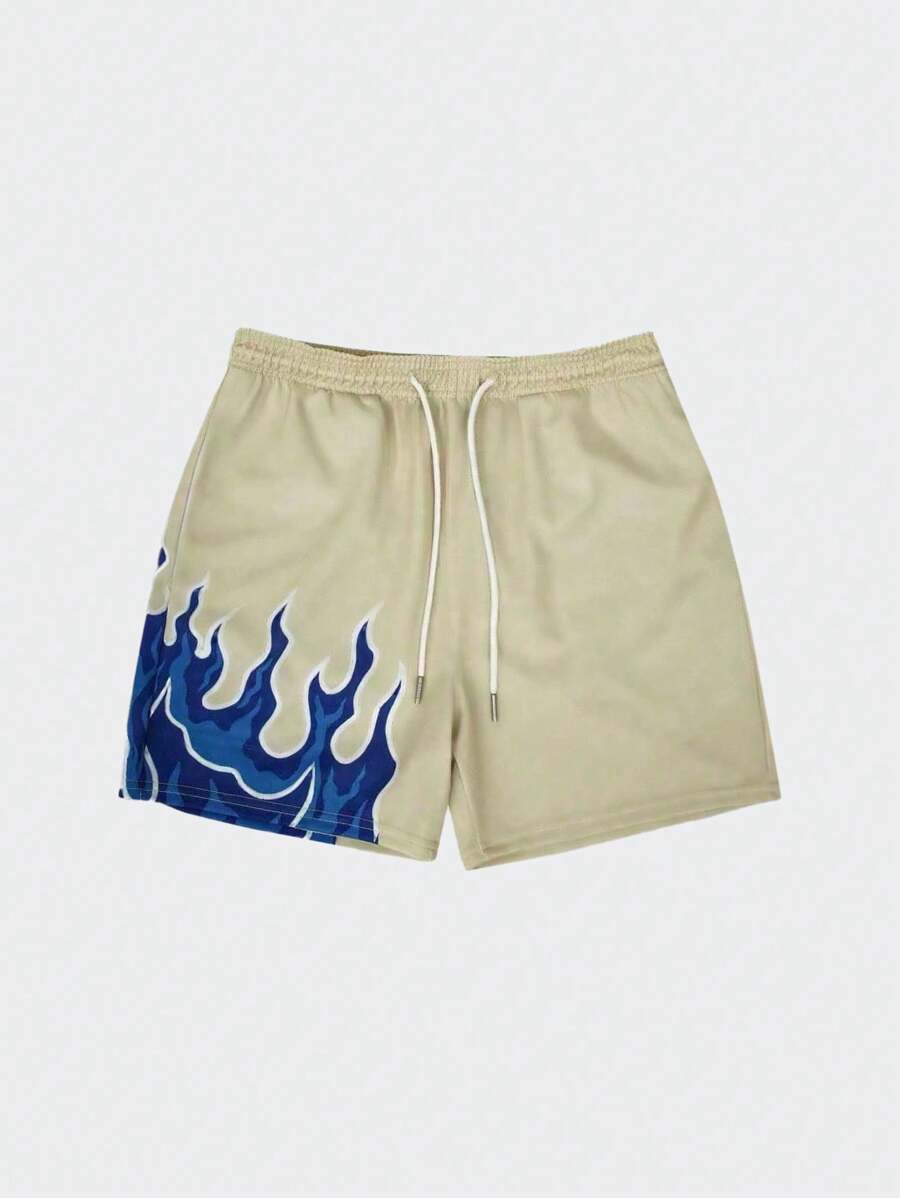 KOVSEE Flame Pattern Basketball Shorts, Streetwear Style, Breathable Mesh Fabric, Above-Knee Cut - Khaki - View 1