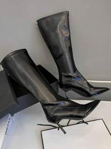 2024 Fall/Winter New Leopard Print Pointed Toe Slim High Heel Mid-Calf Boots, Fashion Runway Over-The-Knee High Boots For Women - Black - View 5