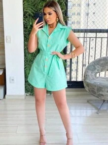 Women's Clothing/ Rompers/ Headband/ Linen - 墨綠色 - 查看 1