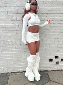 Women Knee High Boots Warm Faux Furry Chunky High Heel Platform Luxury Halloween Punk Goth Cosplay Fuzzy Snow Boots