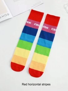1 Pair Children Rainbow Striped Knee-High Socks, Suitable For Daily Wear And Parties, Autumn/Winter For Girls - Multicolor - View 12