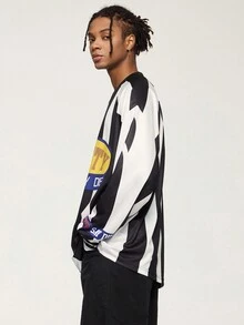 INFLATION 男士 V 领休闲黑白竖条纹数码印花长袖 T 恤 - 黑與白 - 查看 6