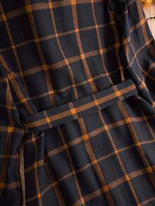 Women's Casual Plaid Print Long Shirt Dress, Autumn/Winter - Navy Blue - View 3