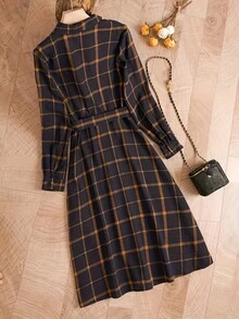 Women's Casual Plaid Print Long Shirt Dress, Autumn/Winter - Navy Blue - View 2
