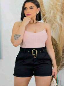 Shorts Alfaiataria Feminino Sim Cinto Encapado - Preto - Visão 1
