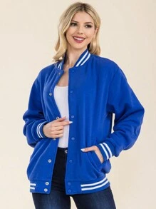 Women's Casual Long Sleeve Bomber Jacket With Baseball Collar And Button Details Black Varsity Outerwear With Slight Stretch Fabric - 寶藍色 - 查看 6