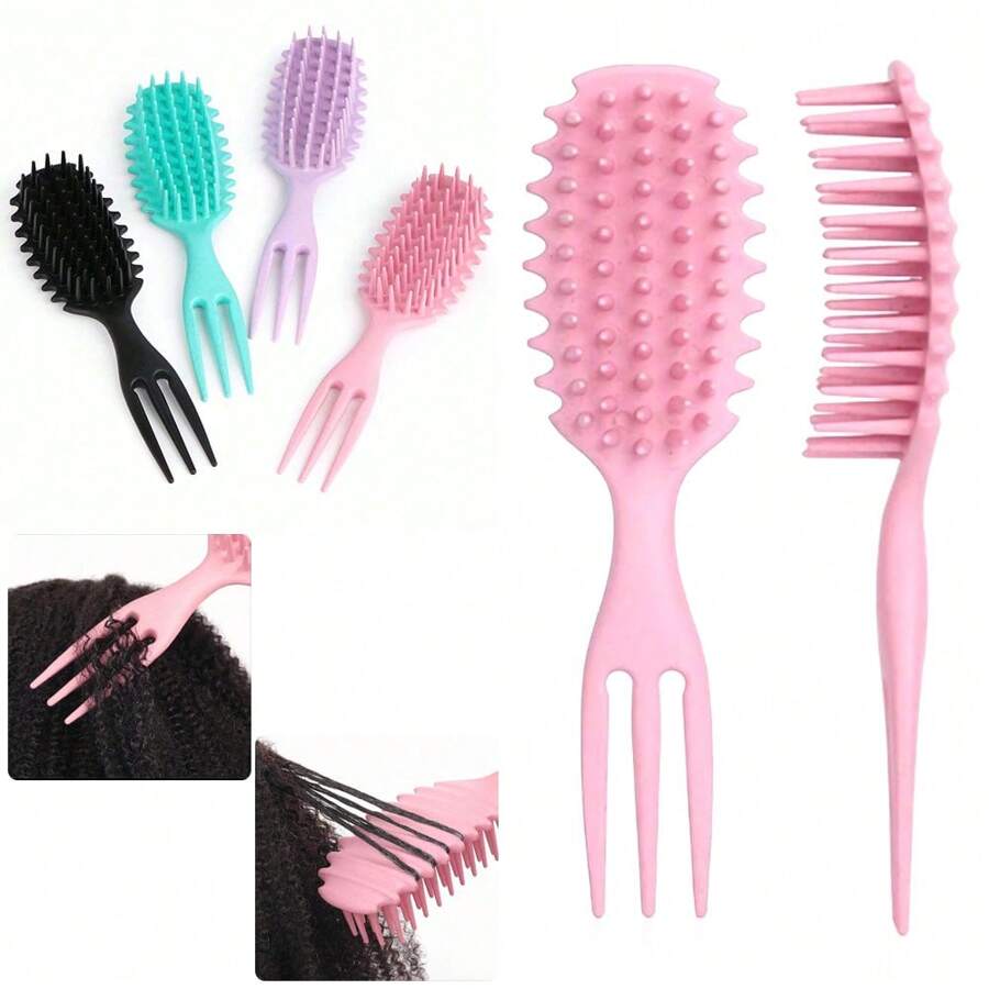 Wet Curly Hair Brush, Defining Curl Hairbrush Soft Nodes Massage, Detangling Black People Round Detangler, Trident Brushes Reduce Hair Pulling & Curl Separation, Shaping And Styling Tools For Women Men Girls - Multicolor - View 1