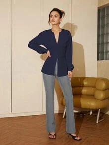 女士纯色深 V 领单排扣长袖性感衬衫