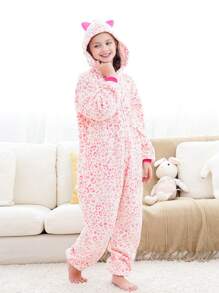 Tween Girl Pink Leopard Print Cat Ear Jumpsuit - Multicolor - View 5