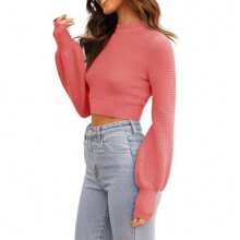 Womens Sexy Crew Neck Cropped Sweaters Ribbed Knit Long Sleeve Crop Tops Pullover - Pink - View 4