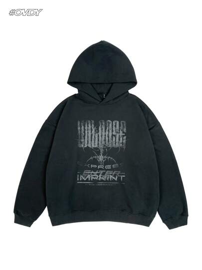 OVDY 1pc Men's Hand Brush Screen Printed Outdoor Casual Hoodie