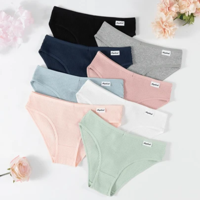 8 件套青少年女孩罗纹基本款纯色条纹舒适三角裤，秋冬款