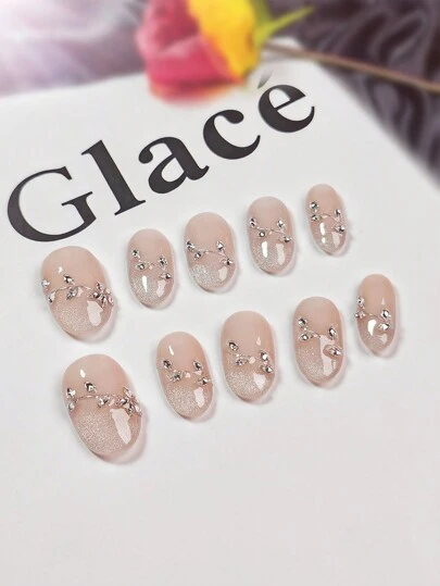 10Pcs Floral Vine Handmade Nail Art Accessories, Light Pink Floral Design With Rhinestones, Short Oval Shape, Sweet & Cute Style, Reusable Nail Tips, Ideal For Everyday, Holidays, Gatherings, Includes 2 Gel Polishes, 1 Nail Buffer, 1 Nail File Press On Nails Nail Supplies Nails