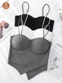 3 piezas Camiseta de mujer con combinación de varios colores y copas de sujetador incorporadas, chaleco de moda para todas las estaciones, para hacer ejercicio - Negro - Ver 1