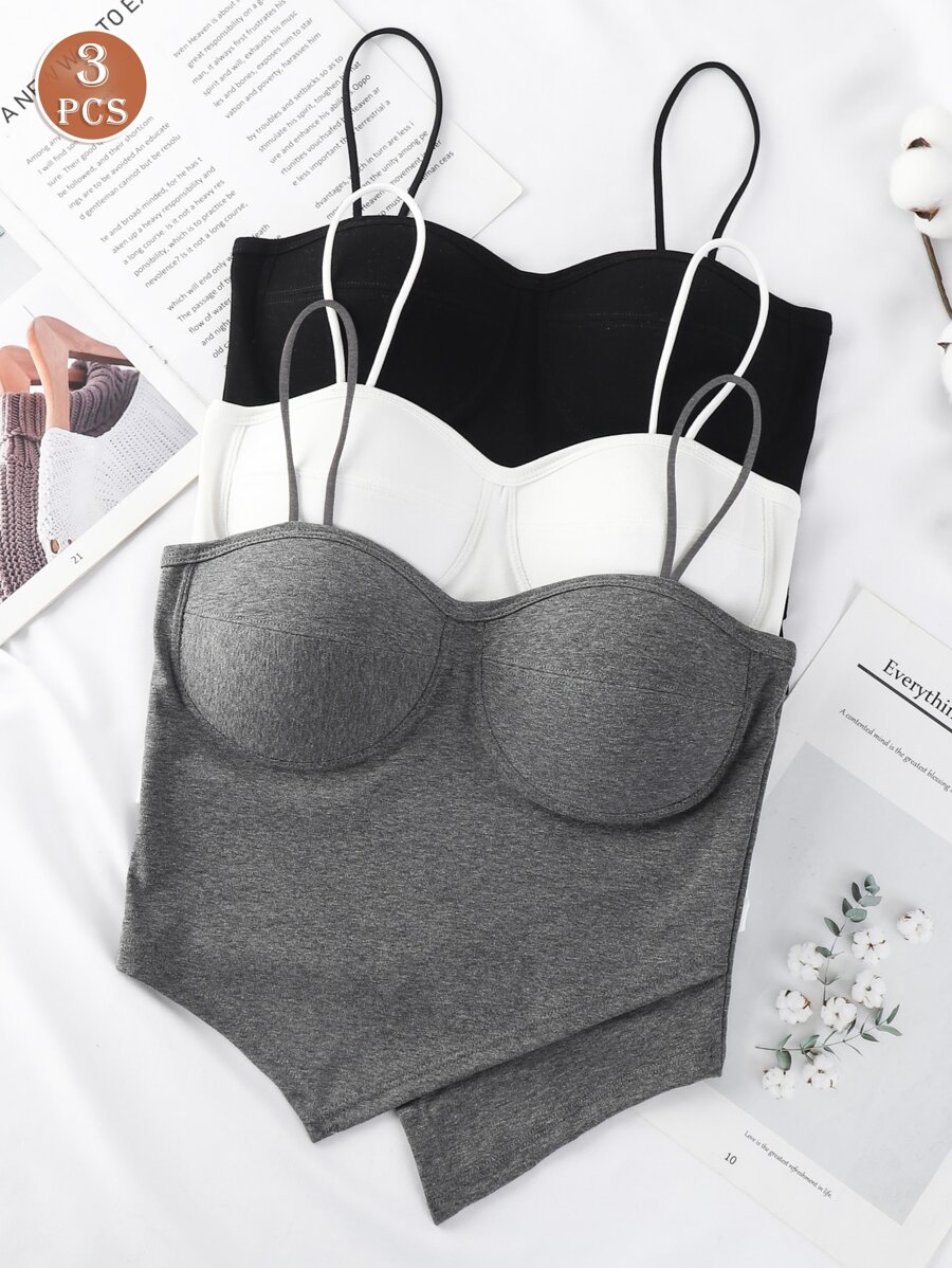 3 piezas Camiseta de mujer con combinación de varios colores y copas de sujetador incorporadas, chaleco de moda para todas las estaciones, para hacer ejercicio - Negro - Ver 1