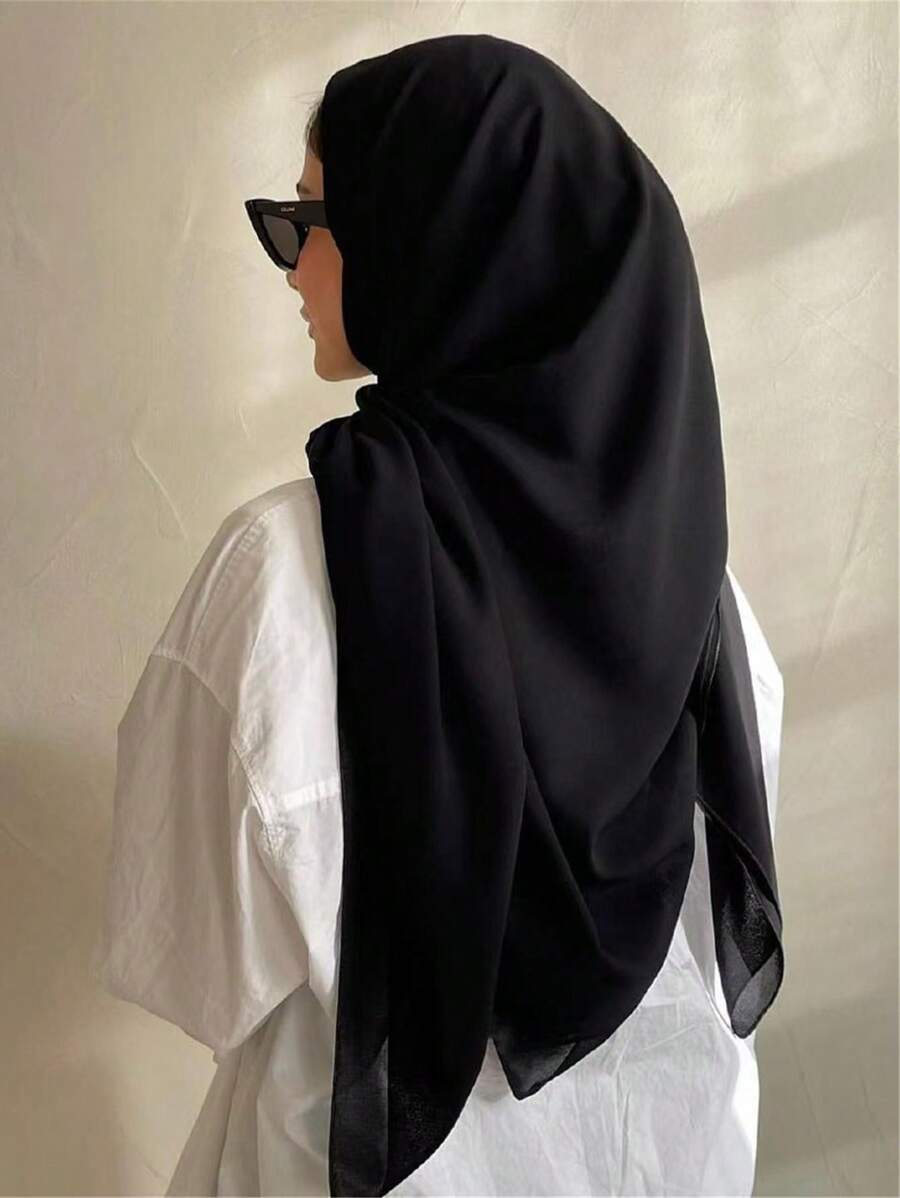 1pc Women Arabic Solid Color Chiffon Square Scarf, Casual Shawl Suitable For Daily Use, 110*110cm - Black - View 1