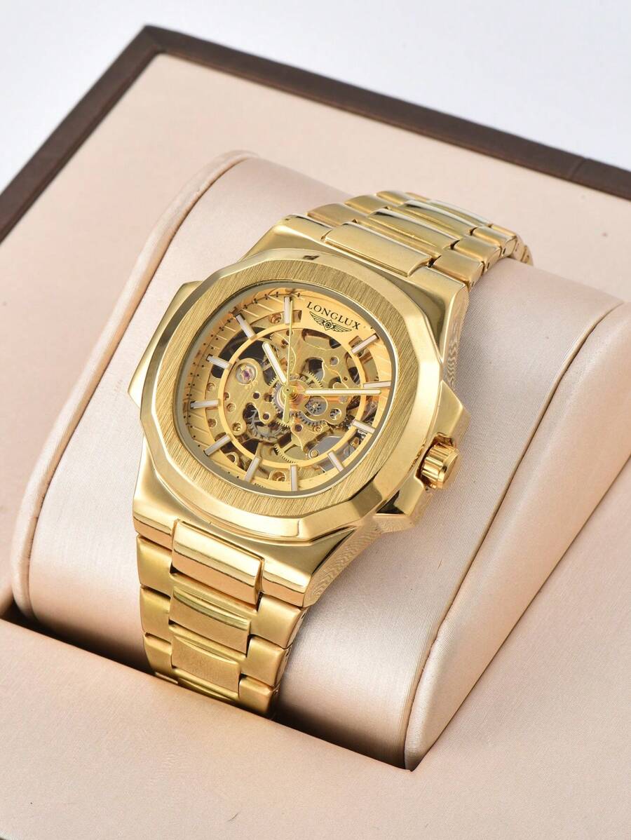 LONGLUX 1pc Men's Hollow-Out Automatic Mechanical Watch, Steel Band Business Watch With Butterfly Buckle