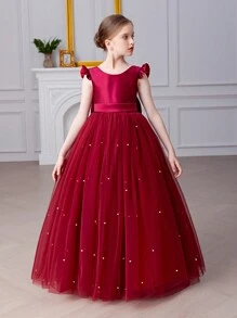 少女酒红色短袖手工串珠蝴蝶结圣诞派对优雅连衣裙，公主裙，适合女孩生日派对、舞会、毕业典礼、婚礼伴娘、节日庆典等场合。