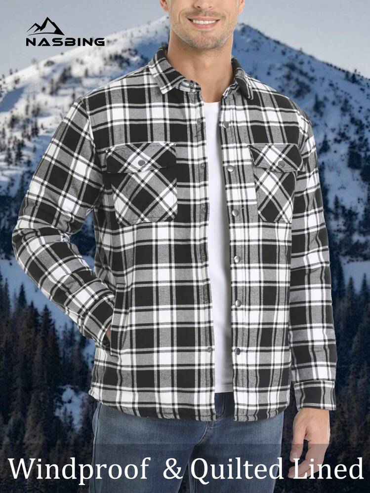 NASBING Men s Flannel Shirt Jacket Casual Quilted Lined Windproof Button Down Long Sleeve Winter Outwear SHEIN UK
