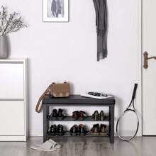 SONGMICS Shoe Bench, 3-Tier Shoe Rack For Entryway, Storage Organizer With Foam Padded Seat, Faux Leather, Metal Frame, For Living Room, Hallway, 12.2 X 31.9 X 19.3 Inches, Black - 黑色 - 查看 1