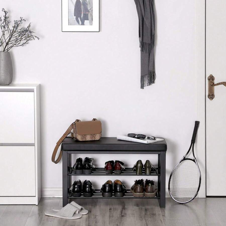 SONGMICS Shoe Bench, 3-Tier Shoe Rack For Entryway, Storage Organizer With Foam Padded Seat, Faux Leather, Metal Frame, For Living Room, Hallway, 12.2 X 31.9 X 19.3 Inches, Black - 黑色 - 查看 1