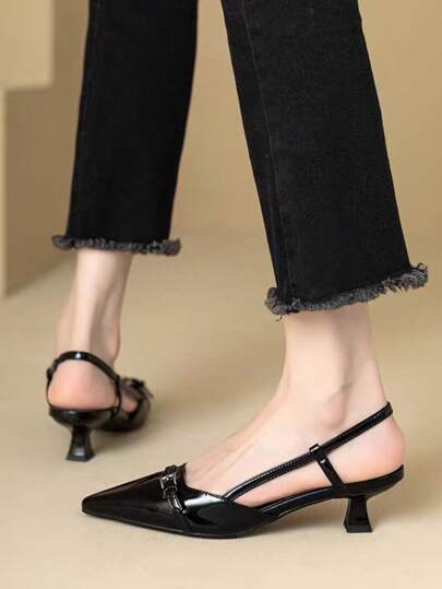 qishangda 2024秋冬新款尖头性感中跟派对鞋，女士设计师夏季高跟凉鞋，休闲连衣裙拖鞋，优雅猫跟鞋