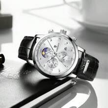 Đồng hồ thạch anh thời trang nam LIGE mặt trời và mặt trăng chống nước đa chức năng lịch hộp quà tặng cho cha - màu đen - Xem 3