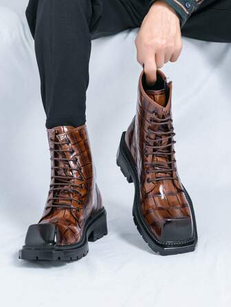 Botines de tobillos con cordones y puntera cuadrada negros para hombres, botas Chelsea de piel sintética para uso casual/fiesta/oficina