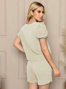 Conjunto Feminino Blusa E Short De Duna Liso Elegante Verão - Bege - Visão 2