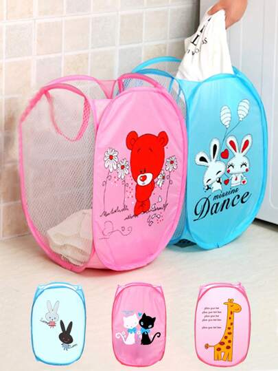 1 件可折叠涤纶洗衣篮，可爱卡通图案大容量收纳篮，适合家庭使用，卡通浴室衣服篮，婴儿房玩具收纳爱情人节