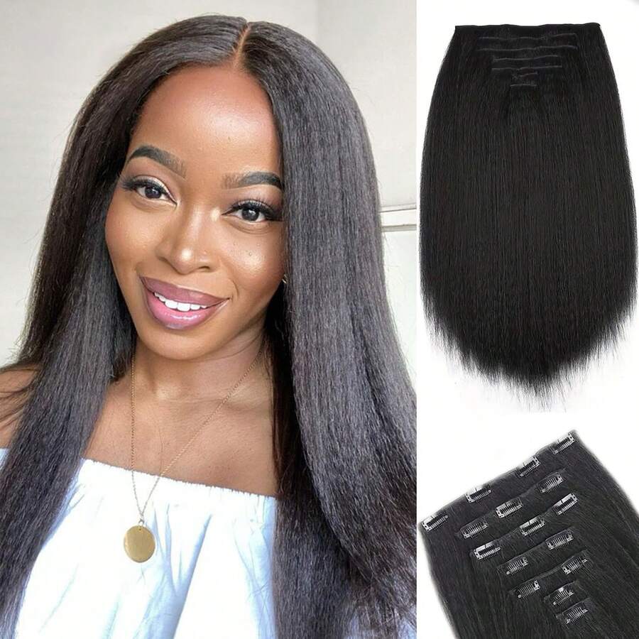 7 Pieces Kinky Straight Clip In Hair Extensions Black Hair Extensions Clip Ins For Women Yaki Straight Clip In Hair Extensions - Multicolor - View 1