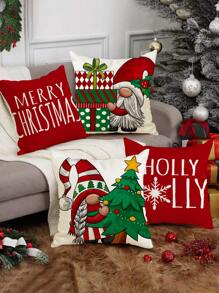 1 件/4 件，冬季红色雪人与圣诞老人字母印花亚麻抱枕套，18*18 英寸/45 X 45 厘米装饰枕套，无枕芯